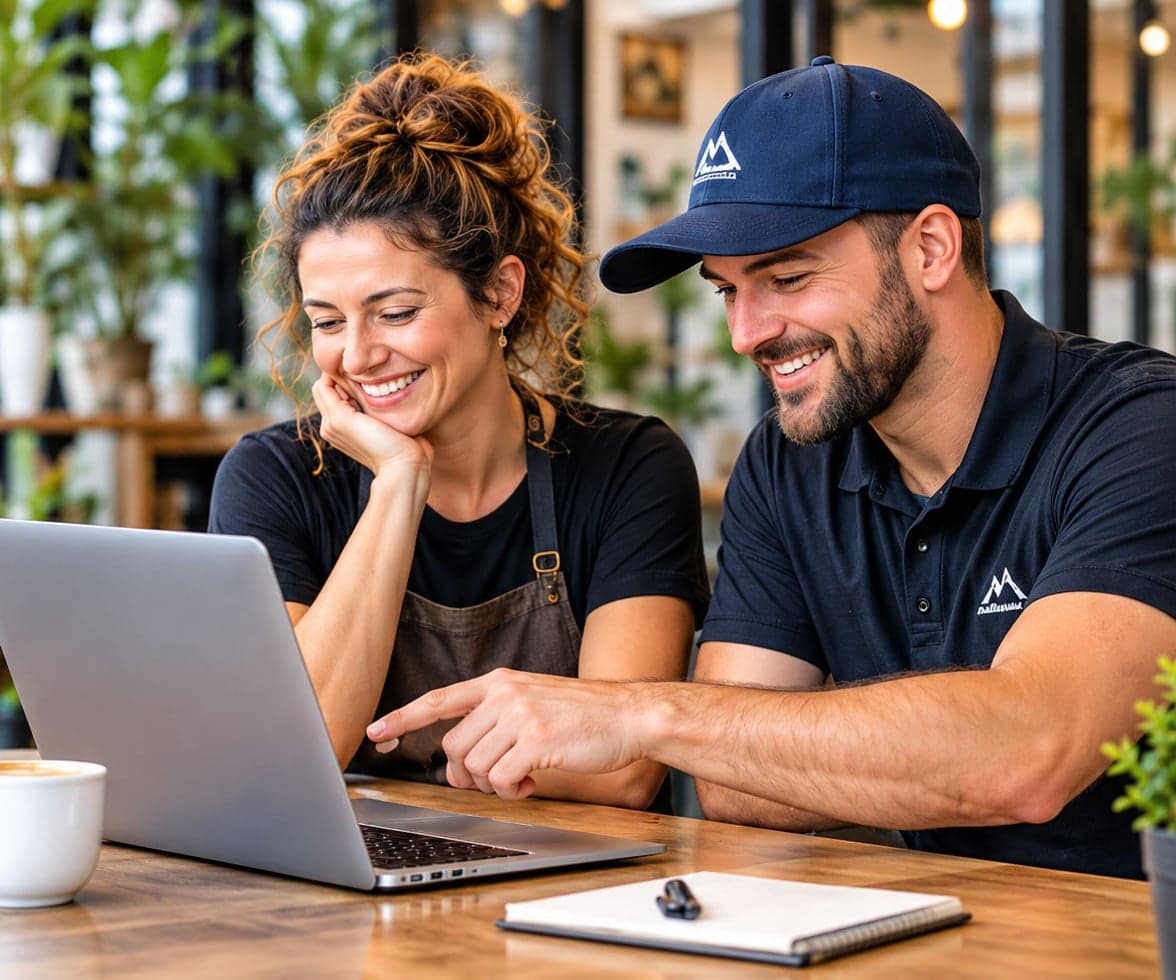 Two smiling local business owners looking at a website together on a laptop in a cafe
